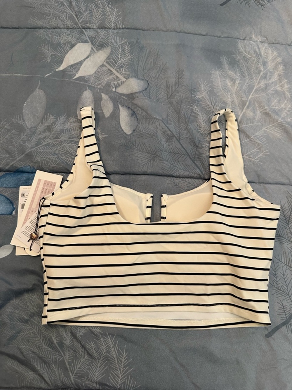 NWTS Calia Striped Scoop Swim Crop Top with Center U Ring - Ivory & Black Sz M - Picture 2 of 7